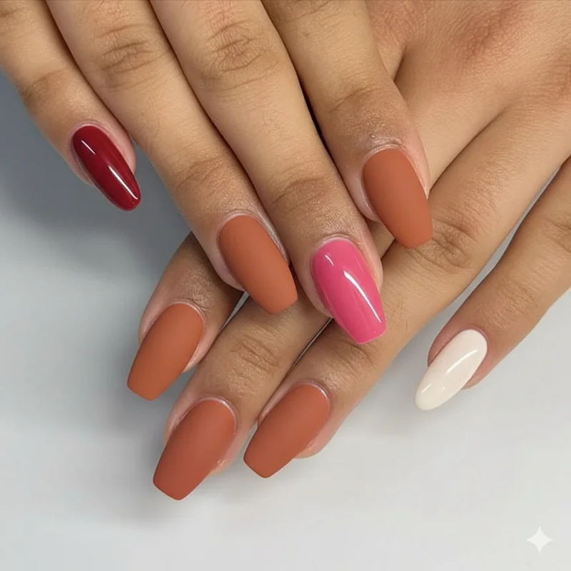 Mismatched short nails in deep red burnt orange and warm pink with cream gel finish on square nail shape 2026