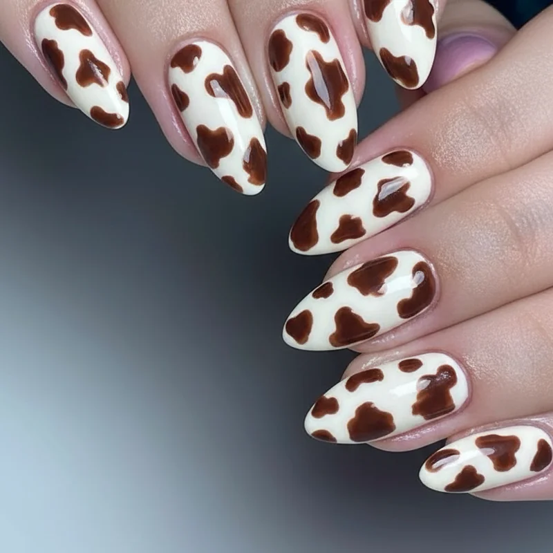 Cow print nails on cream base with matte finish showing natural brown and black irregular spots for country concert Morgan Wallen look