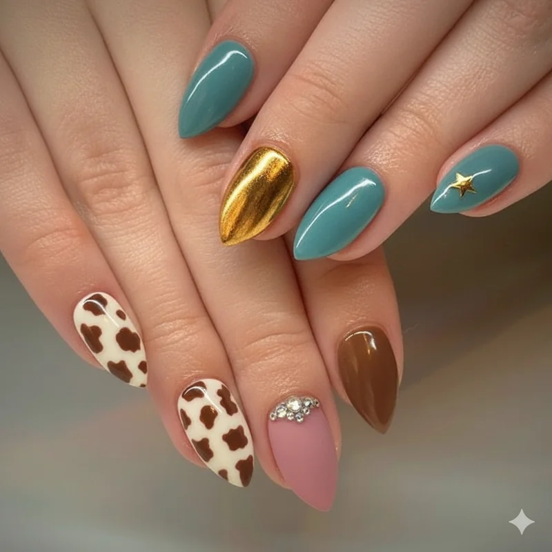Morgan Wallen nail design reference chart showing six design families from cow print to chrome star pink cowgirl for nail tech briefing