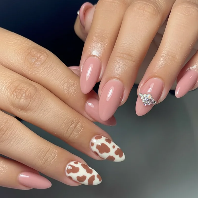 Pink cowgirl nails in dusty rose matte finish with white cow print accent and clear rhinestone detail for Morgan Wallen concert wear