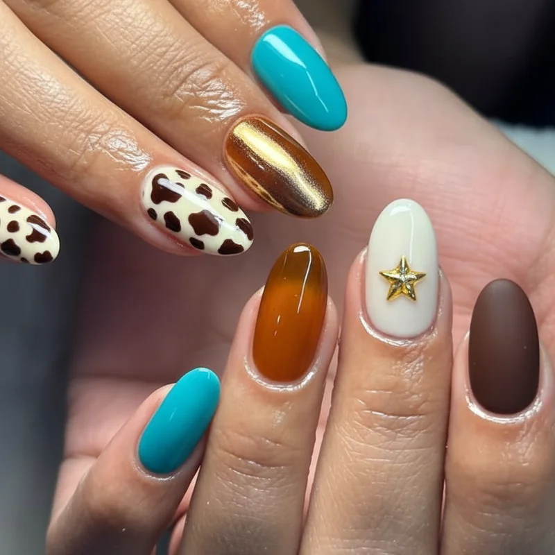 Short nail western country designs showing almond and squoval shapes with cow print star and chrome tip variations at natural nail length