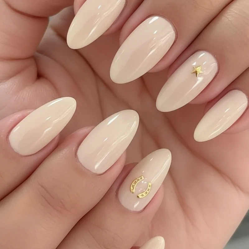 Star and horseshoe accent nails with gold chrome detail on cream nude base showing subtle western country motifs for concert manicure