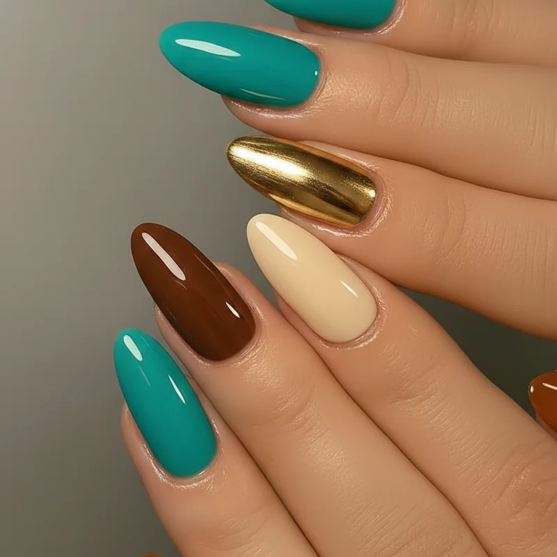 Still the Problem Tour nail colour palette showing earthy brown turquoise chrome and cream western tones for concert manicure