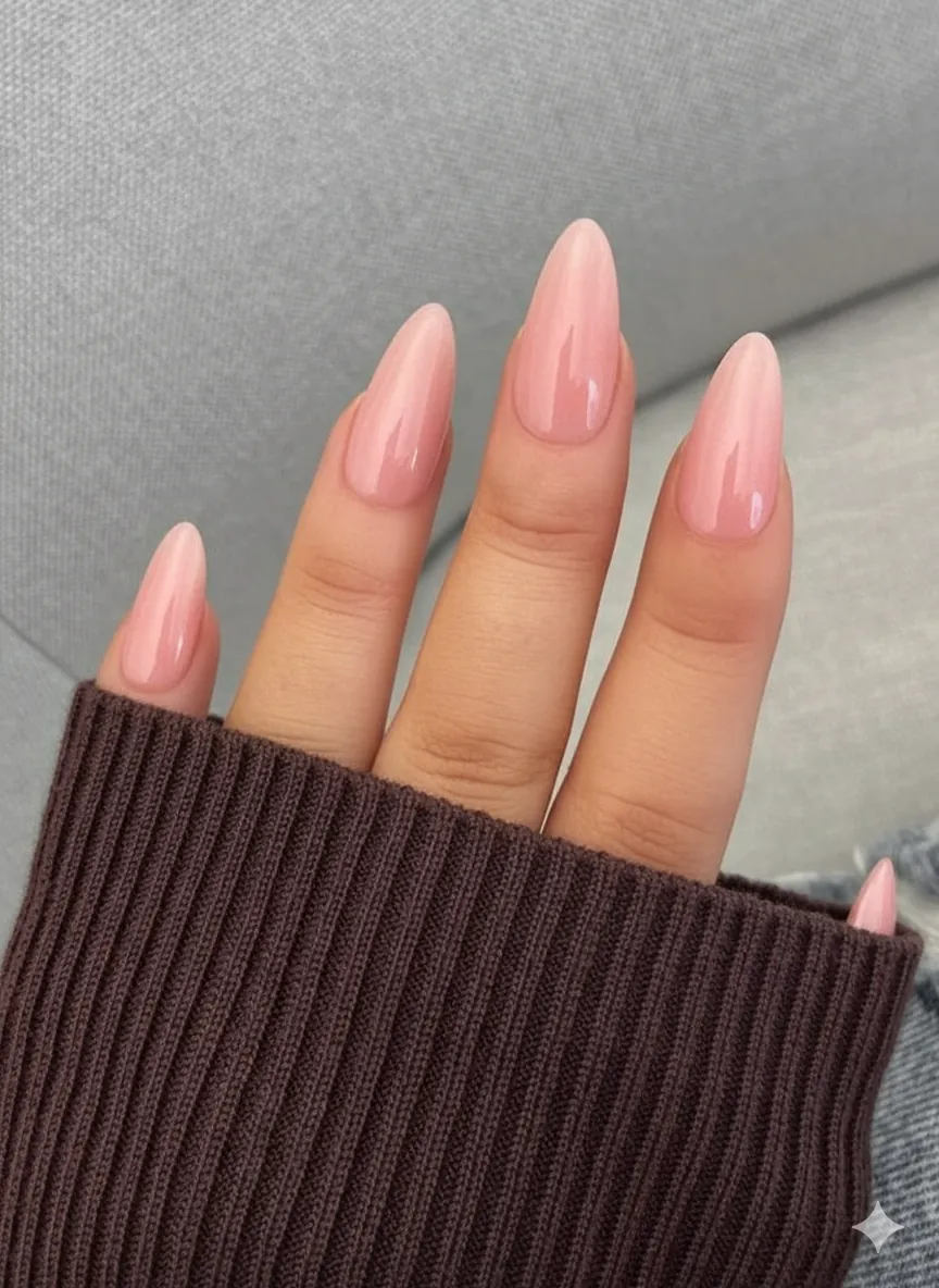 Blush pink sheer jelly finish nail polish swatches on warm and cool skin tones showing flattering coverage and glass-like luminosity