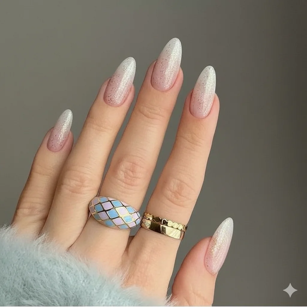 Champagne shimmer and milky white sheer nail polish 2026 spring minimalist choices showing luminous finish and modern clean manicure aesthetic