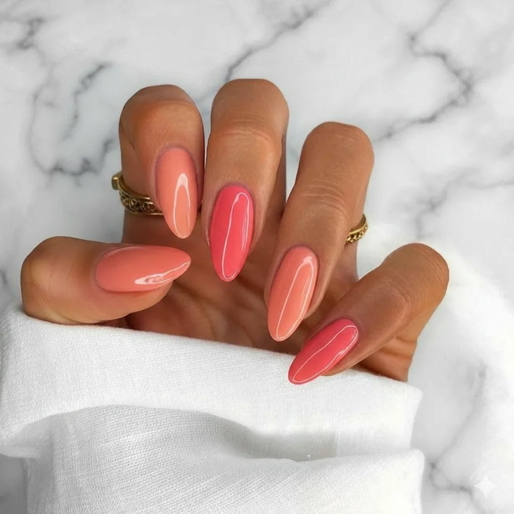 Coral and peach pastel nail polish shades on warm skin tones showing spring vibrancy and outdoor photography performance for Mother