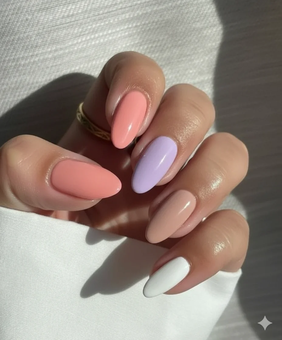 Nail color psychology chart showing emotional meaning of blush pink lavender nude red coral and champagne for spring occasions