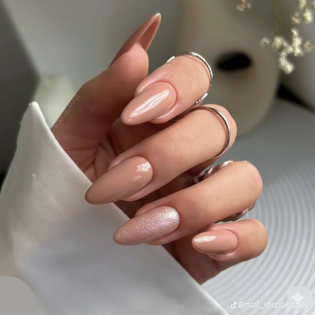 Nail polish finish comparison showing glossy matte and shimmer effects on blush nude and champagne shades for spring Mother