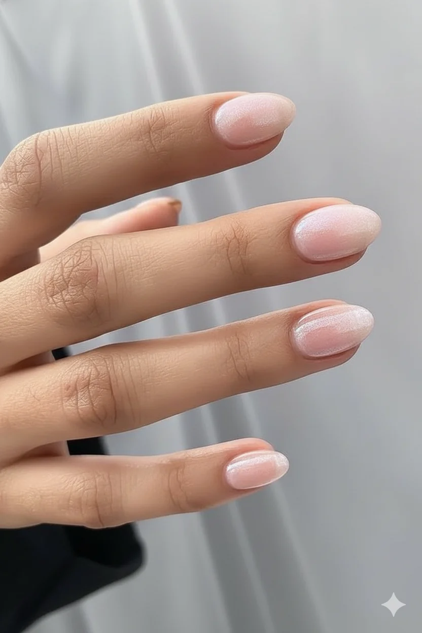 Blush ombre with pearl top coat on almond nail mothers day 2026 elegant classy spring look soft gradient luminous finish