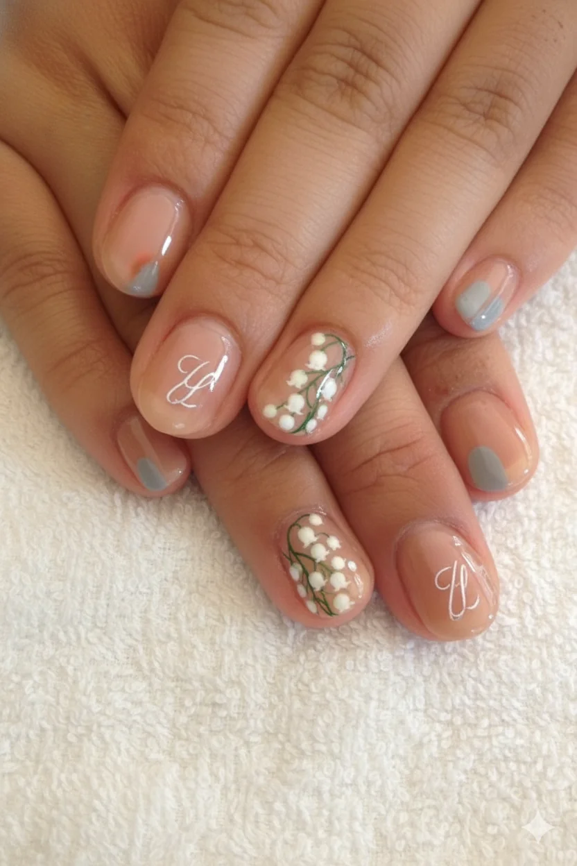 Lily of the valley initial accent nail art mothers day meaningful personal detail 2026 delicate painted white green initial