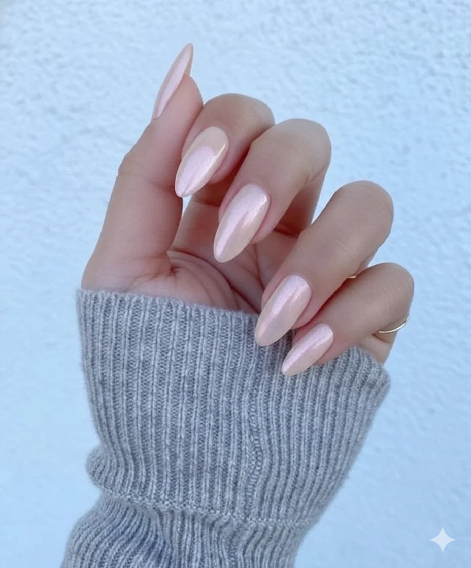 Milky lavender grey toned mothers day nail colour 2026 on oval shaped spring nails sheer gloss finish soft purple tone