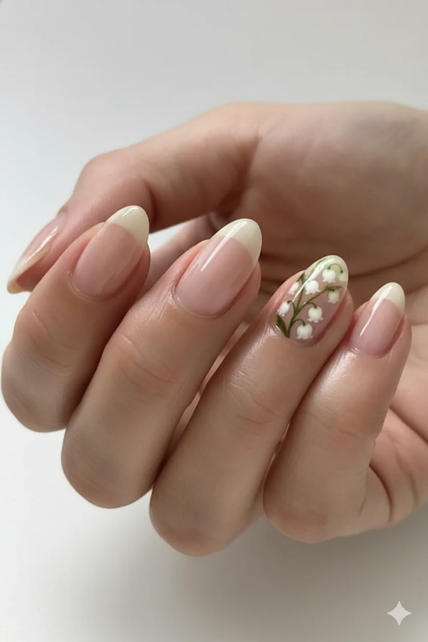 Minimalist botanical line art nail mothers day neutral base oval shaped nails spring 2026 single stem painted fine detail