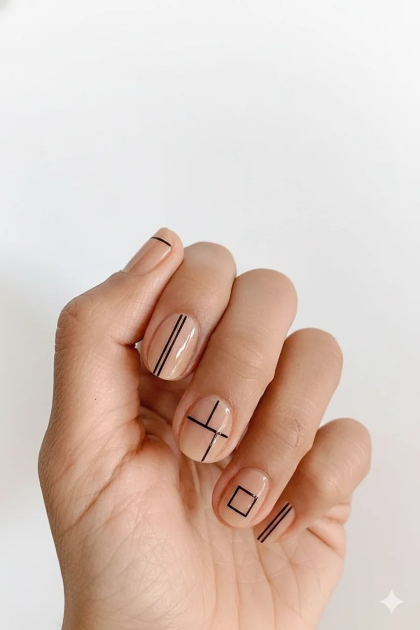 Negative space thin line detail minimal mothers day nail on squoval shape spring 2026 architectural clean graphic design look