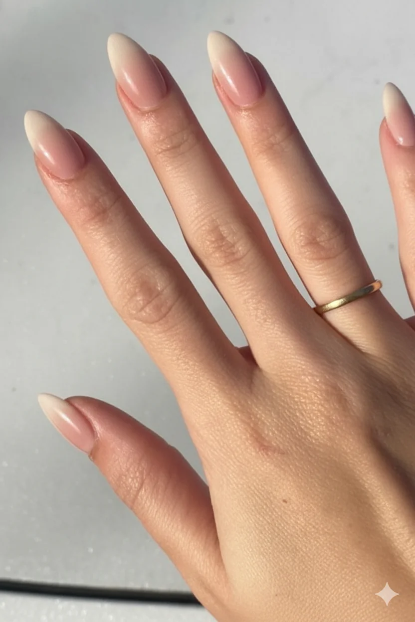 Nude blush ombre mothers day nail classy refined spring 2026 on almond shaped nails seamless gradient polish timeless finish