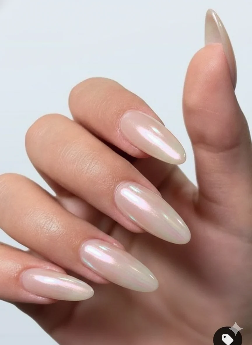 Opalescent neutral mothers day nail 2026 light shifting colour on almond shaped nails spring manicure subtle iridescent look