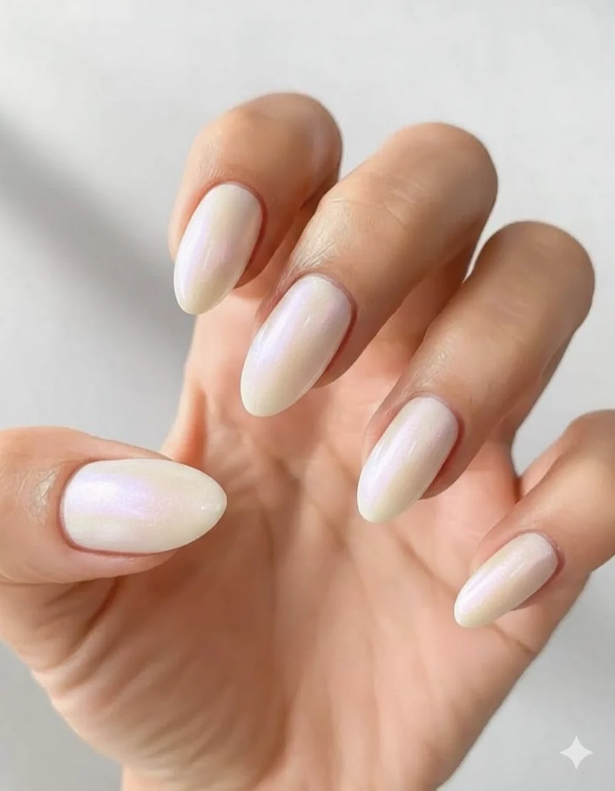 Opalescent shifting neutral mothers day nail 2026 light catching gloss finish changes colour in sunlight spring manicure