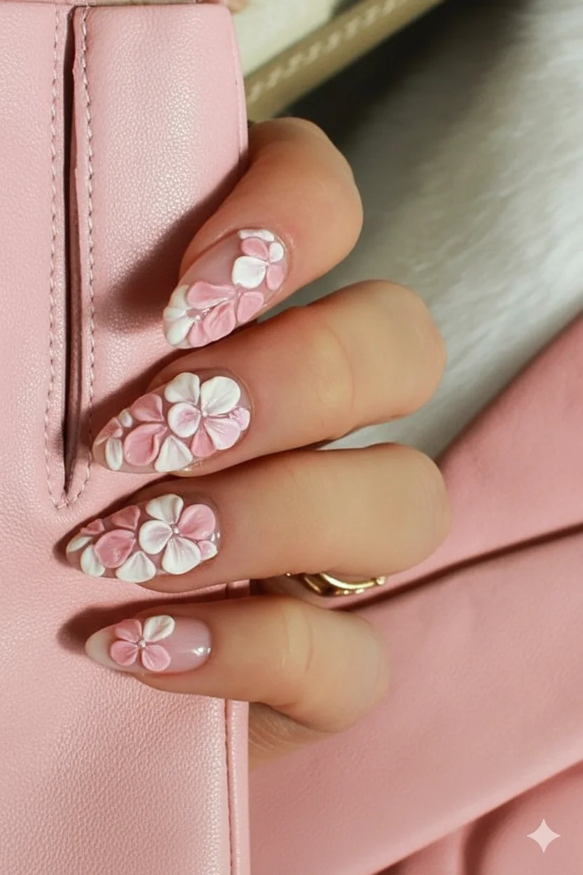 Single hand painted bloom botanical mothers day nail on neutral almond shaped base looks like a delicate botanical illustration