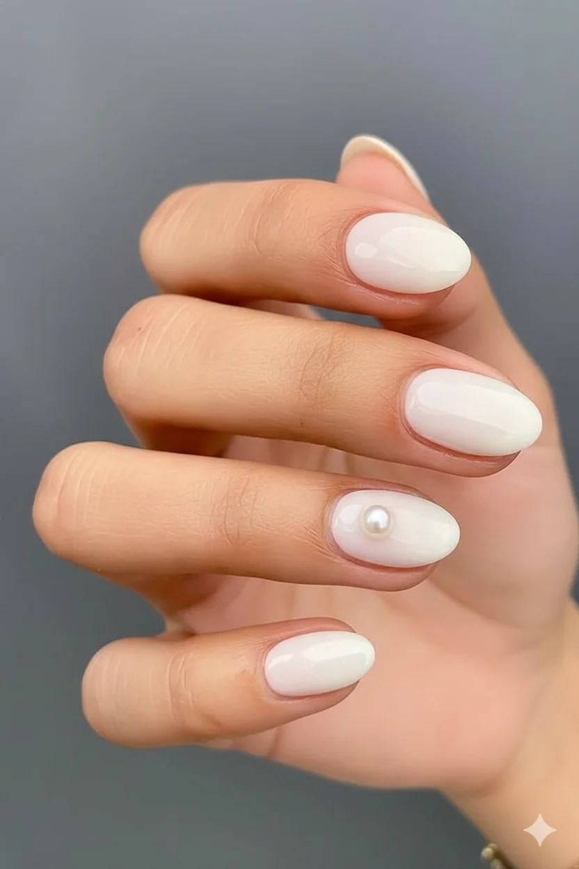 Single pearl accent on milky base simple mothers day nail 2026 minimal spring look one embellishment does all the talking