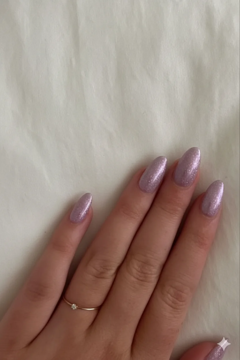 Soft lavender pearl shimmer elegant mothers day nail on almond shaped nails 2026 luminous iridescent finish refined spring look
