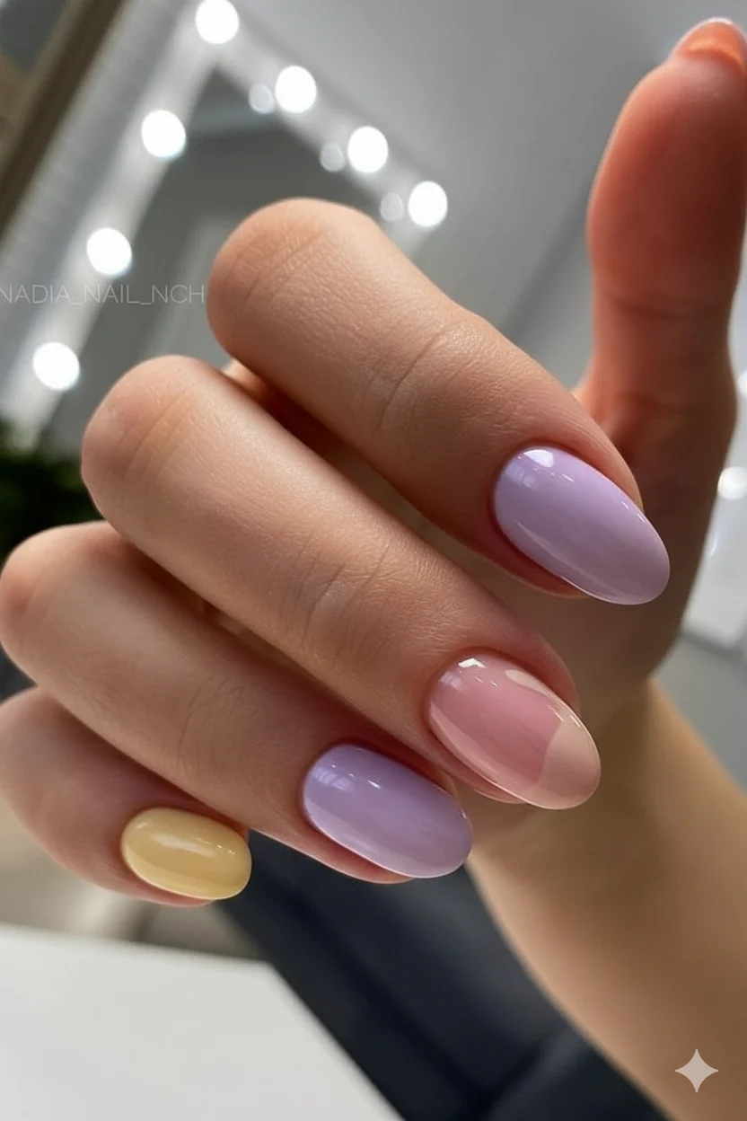 Butter yellow blush and lavender pastel nail palette swatches spring 2026 showing muted creamy tones for Mothers Day manicure