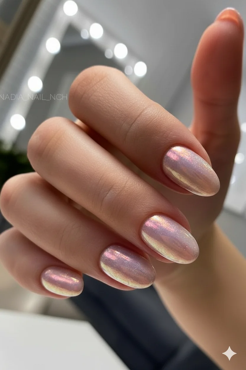 Glazed chrome iridescent pearlescent finish on blush nude base spring 2026 showing soft light catching nail effect Mothers Day