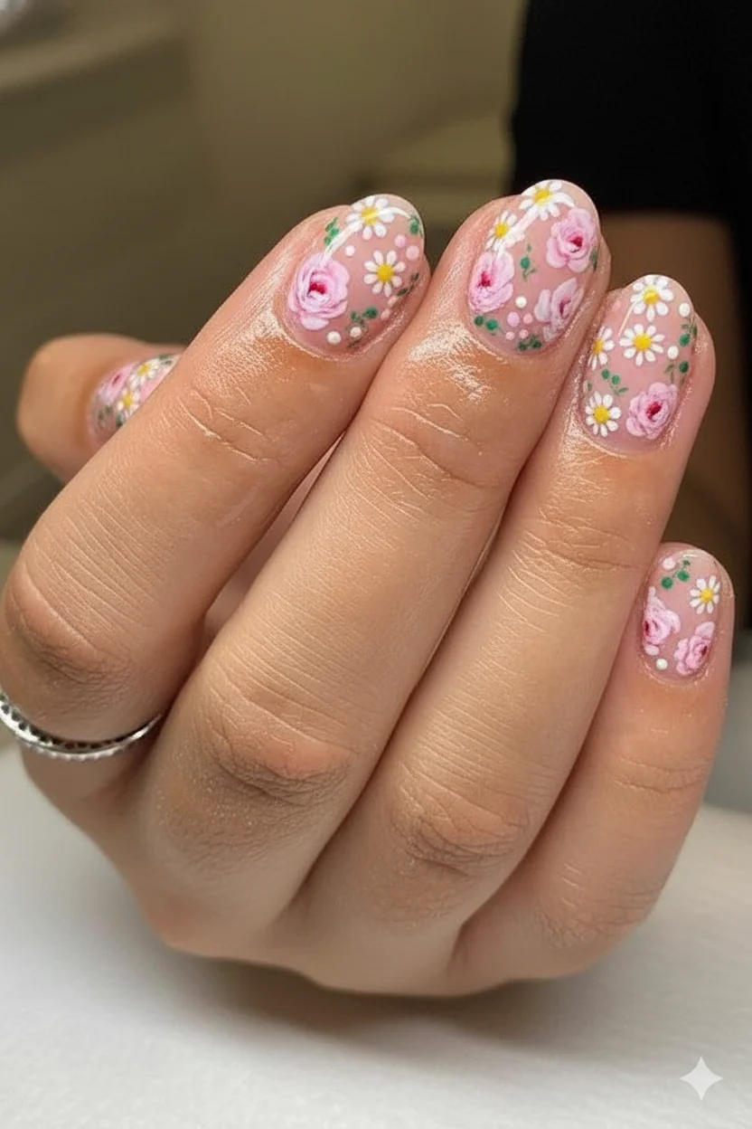 Micro floral botanical nail art showing delicate daisy and peony hand painted details on sheer milky base spring 2026 manicure