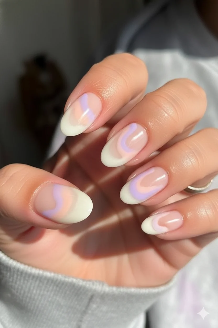 Milk bath nails in creamy white sheer lavender and peach tones showing clean girl evolution from soap nails spring 2026