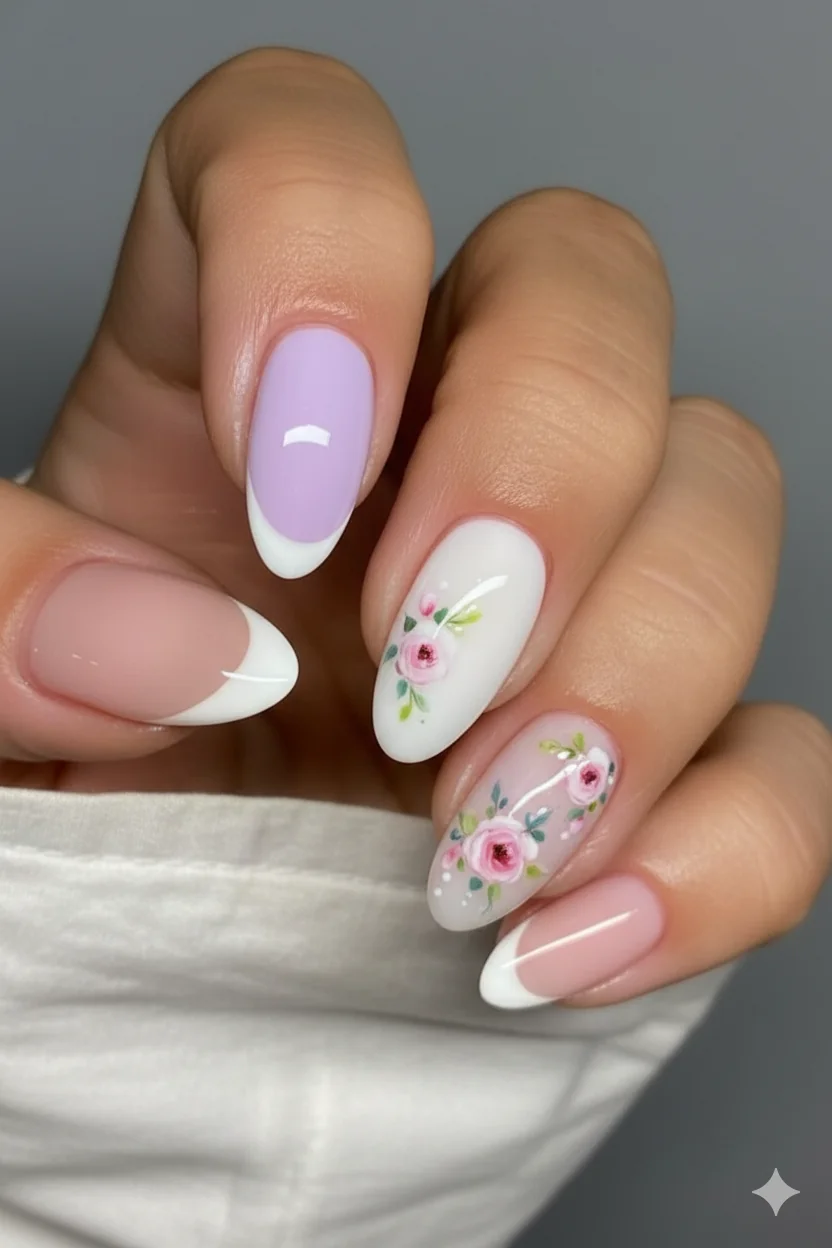 Mothers Day 2026 trend style guide showing five nail looks milk bath cat eye butter yellow micro floral and glazed chrome options