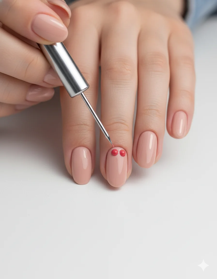 Heart accent nail showing pastel red two-dot drag method result on one nail with coordinating nude polish on remaining fingers
