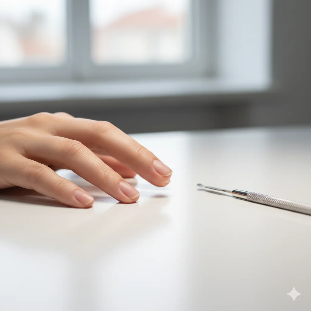 Nail prep step showing alcohol wipe dehydration, cuticle pushing, and base coat application for at-home mother day manicure