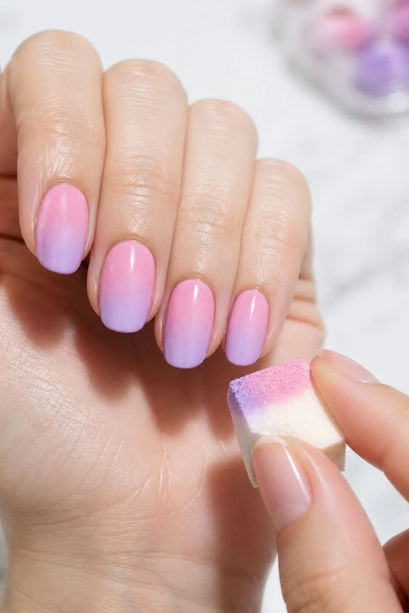Pastel ombré sponge fade nails showing soft pink to lavender gradient across both hands in spring natural light photography