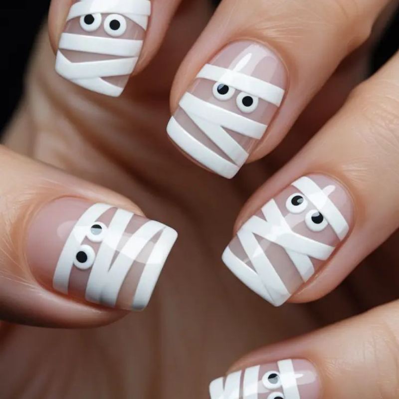 White mummy bandage wraps with black eyes peeking through on beige Halloween nail base