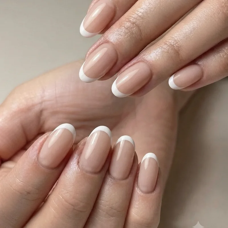 Clean french tip nail art created using a tape guide instead of a striping brush