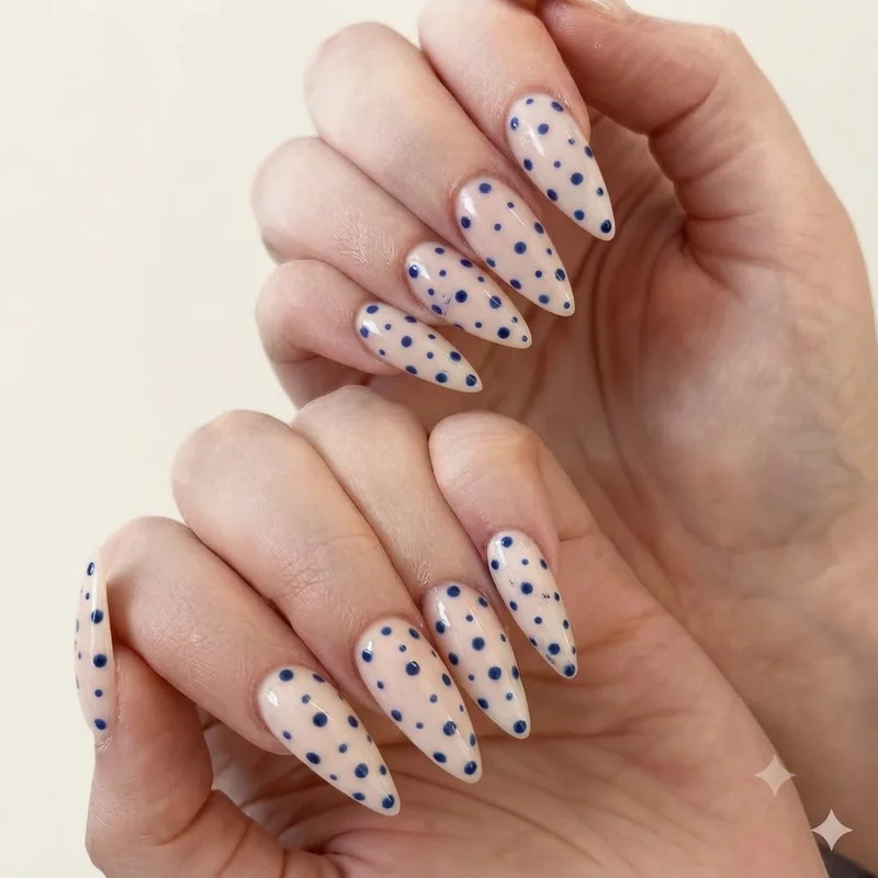 Polka dot nail art made with a toothpick and bobby pin dotting technique