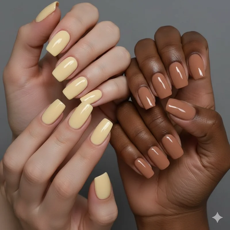 Butter yellow nail trend versus 2026 earthy replacement shades shown on fair medium and deep skin tones side by side