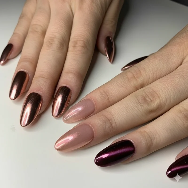 Chrome jelly and velvet cat eye nail finishes 2026 showing rose gold silver and magnetic shimmer effects across different skin tones