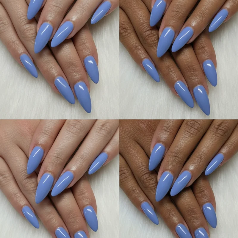 Cornflower fog blue and periwinkle nail trend 2026 showing best versions for cool warm olive and deep skin tones