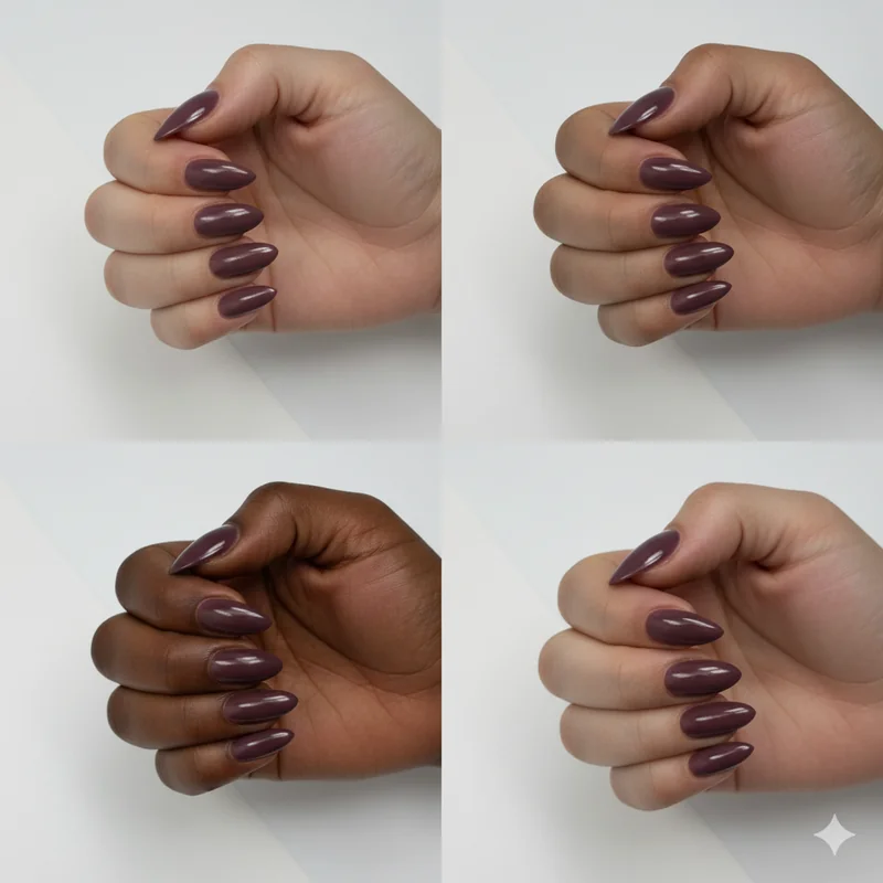 Deep plum mauve and smoky amethyst nail trend 2026 showing vintage drama effect across fair medium olive and deep complexions