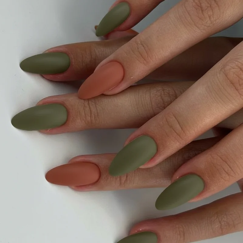 Earthy nail trend 2026 mossy green terracotta clay and mushroom shades shown across fair medium olive and deep skin tones