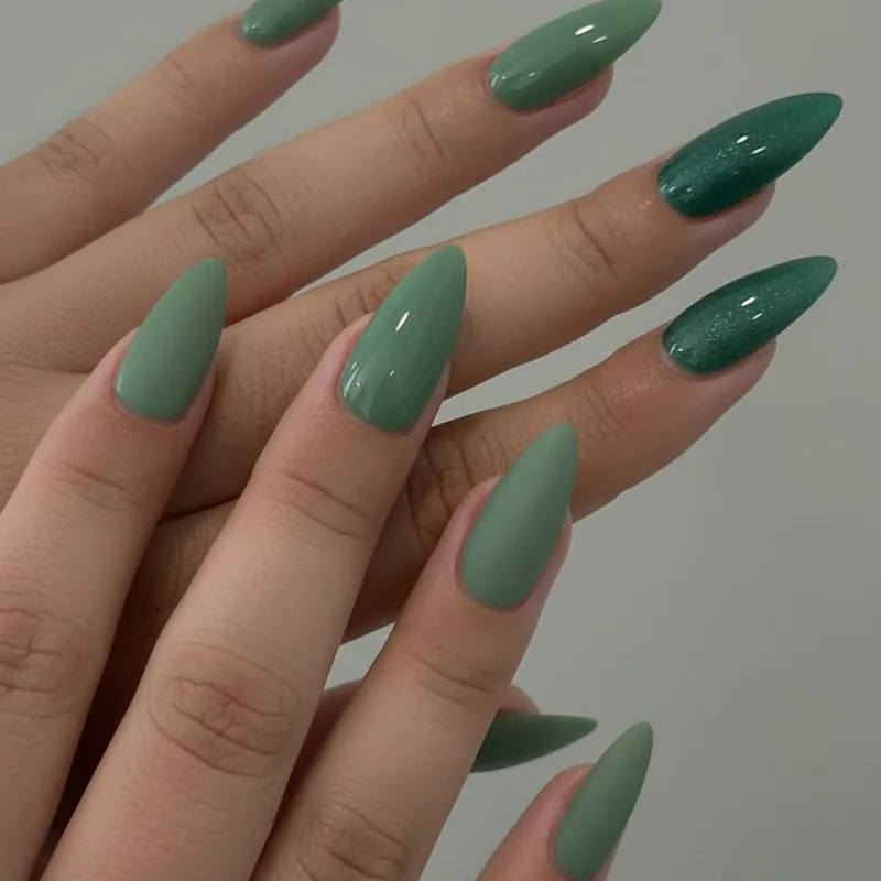 Jade sage and teal green nail trend 2026 shown on olive deep and fair skin tones with 450 percent Pinterest search spike data