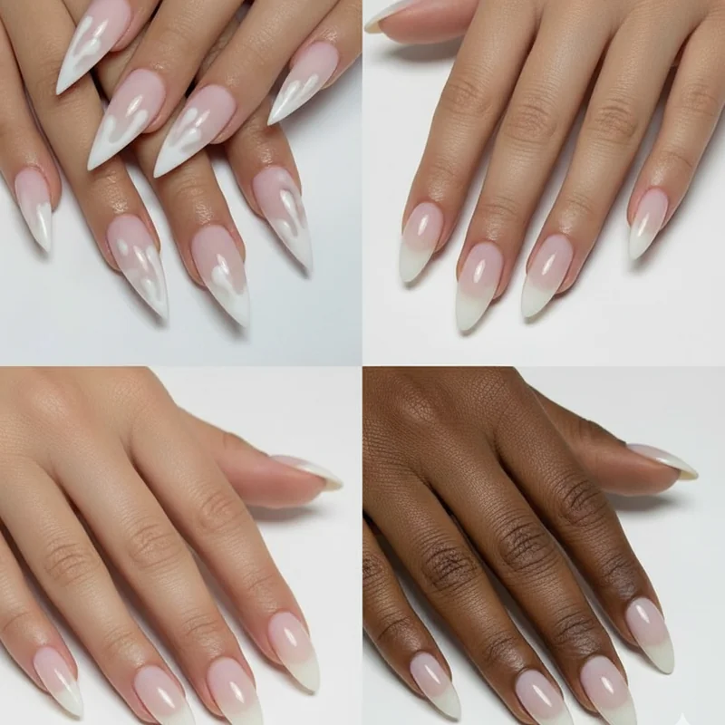 Milky sheer nail trend 2026 Cloud Dancer white and latte tones shown on fair medium olive and deep skin tones comparison