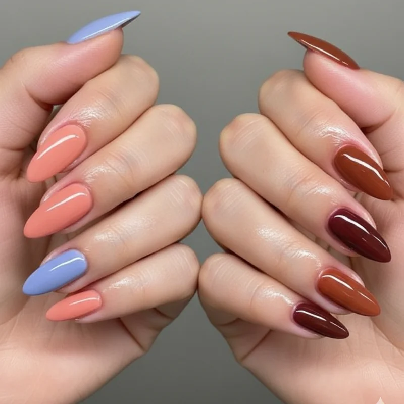 Nail color guide for blonde women with blue eyes versus brown eyes showing shade families that complement each eye color combination