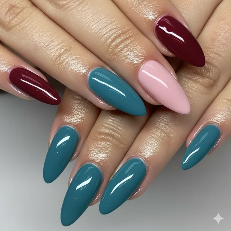 Brunette seasonal nail color palette autumn burgundy mocha summer teal cobalt spring blush champagne winter red