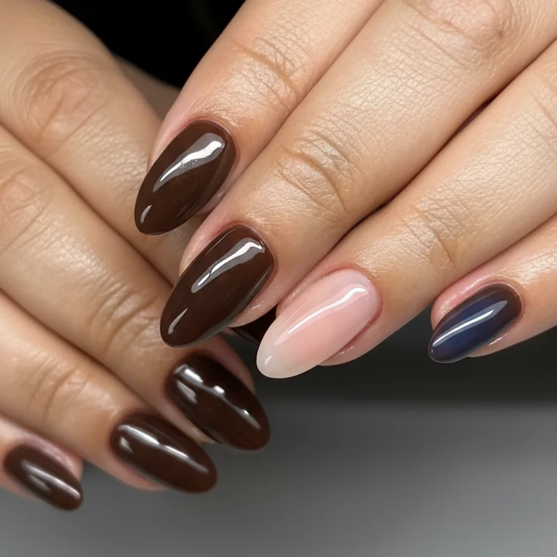 Expensive brunette old money nail aesthetic espresso sheer pink classic red milky nude high gloss finish picks