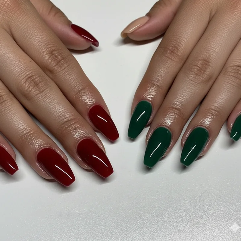 Universal nail colors for all brunettes deep red tortoiseshell nail art emerald green warm beige nude picks
