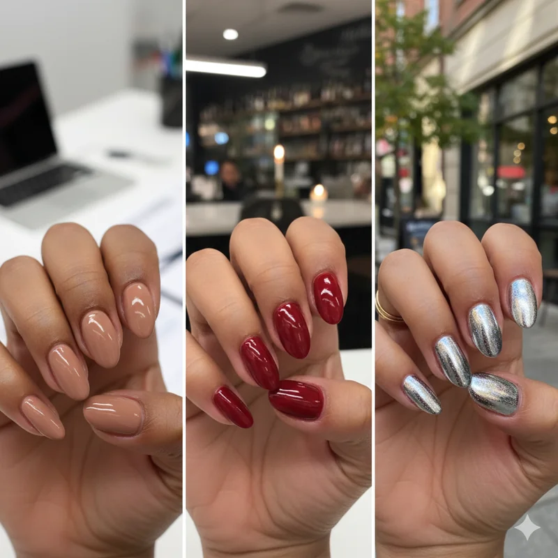 Dark skin nail color occasion guide showing cognac for work deep cherry red for date night and emerald chrome for weekend manicure ideas