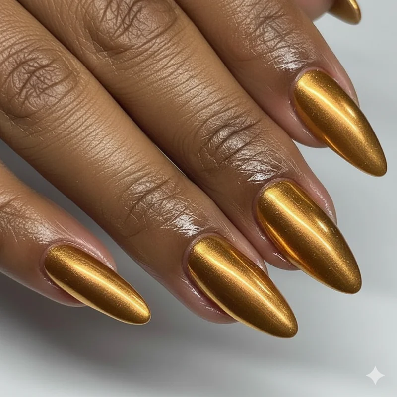 Gold versus silver metallic nail finish on deep dark skin showing how warm undertone skin glows with gold and cool undertone contrasts with silver
