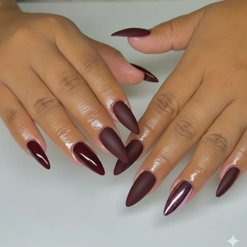 Nail finish comparison on dark skin showing glossy high shine matte velvet and chrome mirror effect on deep ebony complexion same colour