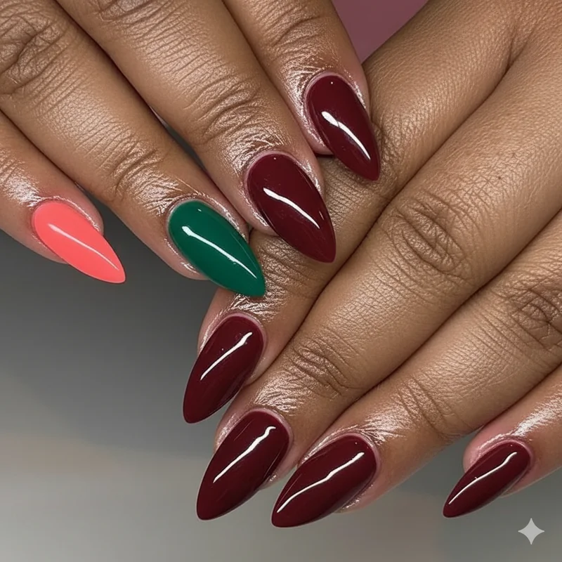 Seasonal nail color guide for dark skin showing burgundy autumn oxblood winter coral spring and emerald summer shades on deep complexion