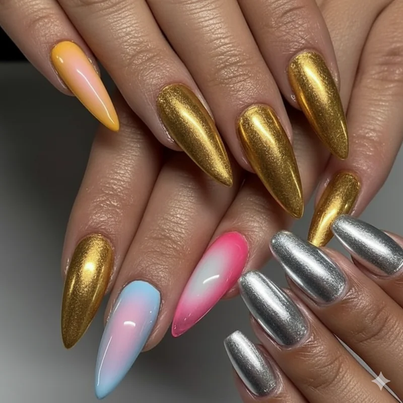 Warm versus cool undertone nail color comparison on dark skin showing gold cognac versus silver cobalt metallic shades side by side